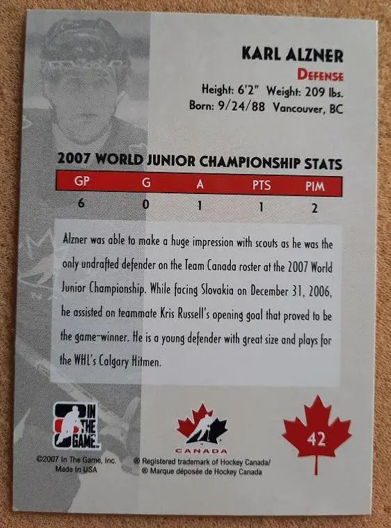 НХЛ Карл Алзнер Канада № 42 1