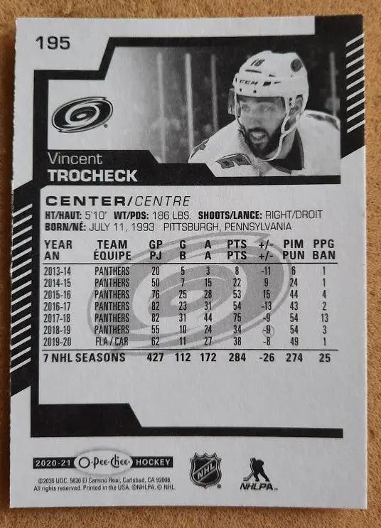 НХЛ Винсент Трочек Каролина Харрикейнз № 195 1