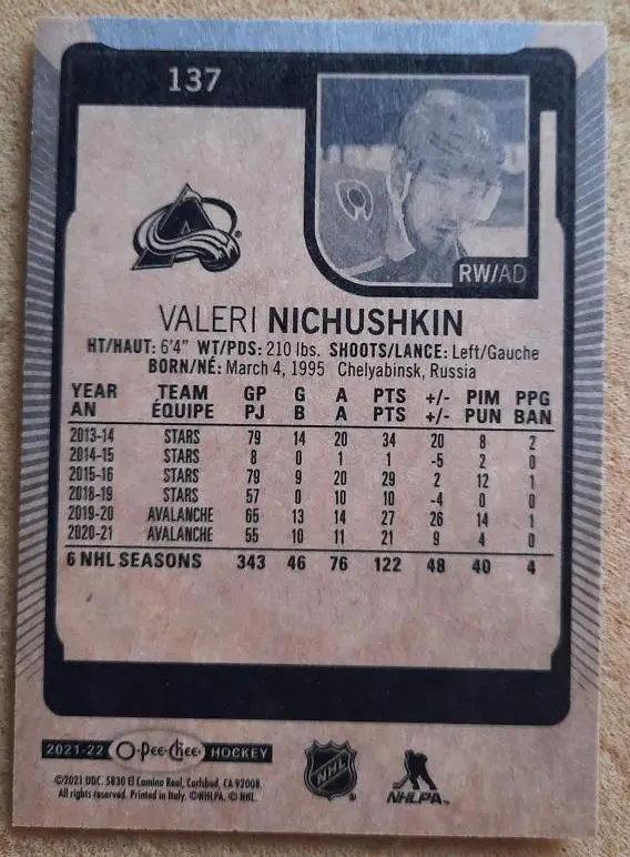 НХЛ Валерий Ничушкин Колорадо Эвеланш Челябинск ЦСКА Москва № 137 1