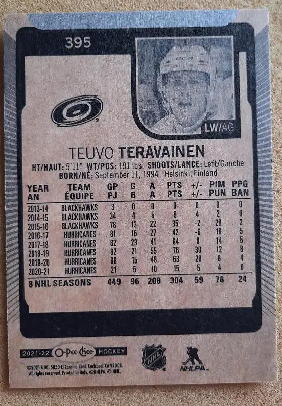 НХЛ Теуво Терявяйнен Каролина Харрикейнз № 395 1