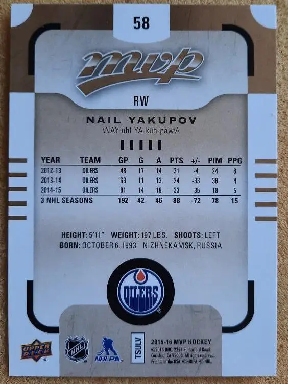 НХЛ Наиль Якупов Эдмонтон Ойлерз Нижнекамск № 58 1