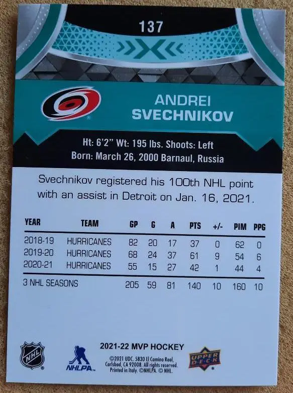 НХЛ Андрей Свешников Каролина Харрикейнз № 137 1
