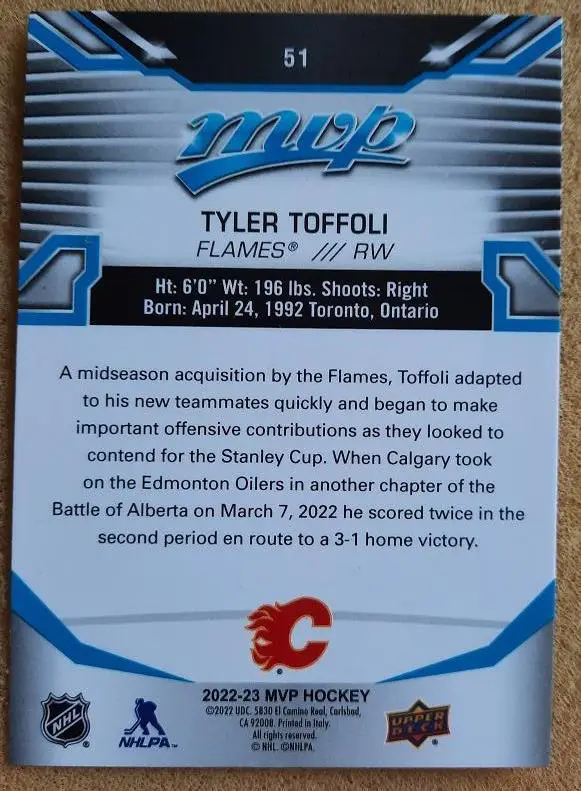 НХЛ Тайлер Тоффоли Калгари Флэймз № 51 1