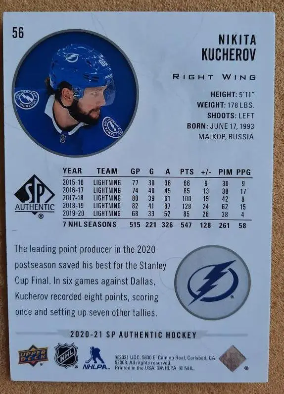 НХЛ Никита Кучеров Тампа-Бэй Лайтнинг Красная Армия Москва № 56 1