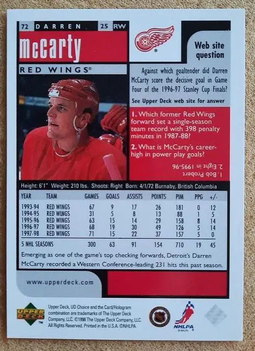 НХЛ Даррен Маккарти Детройт Ред Уингз № 72 1