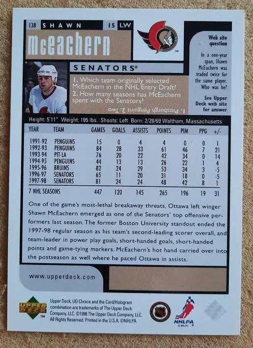 НХЛ Шоун Макэшерн Оттава Сенаторз № 138 1