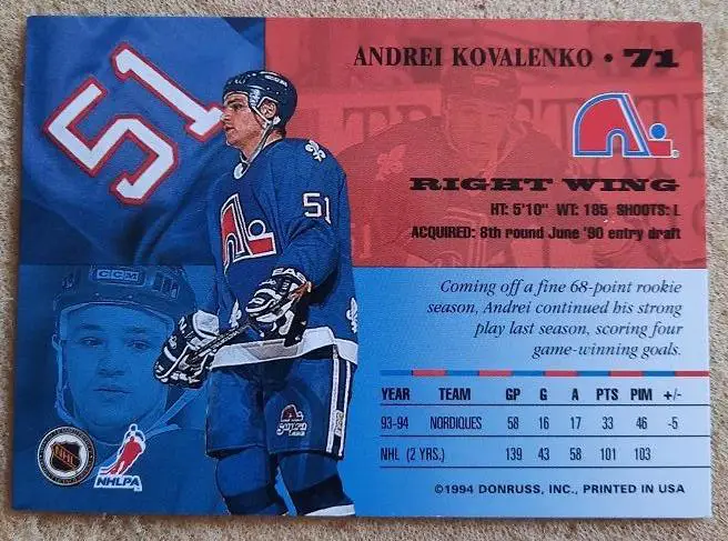 НХЛ Андрей Коваленко Квебек Нордикс Горький Калинин Москва Тольятти Ярославль 71 1