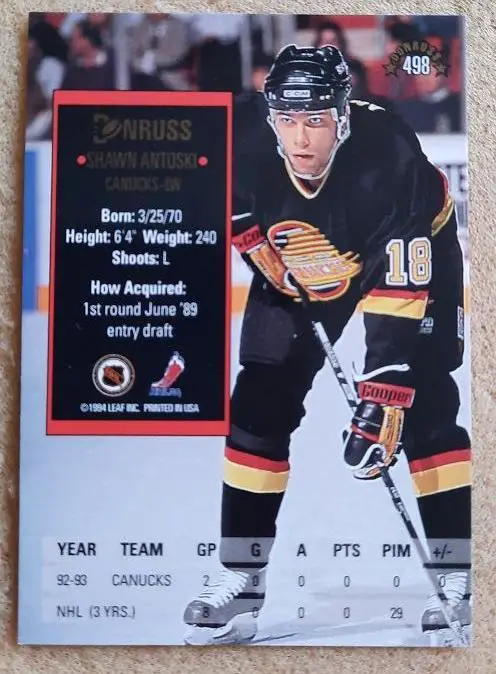НХЛ Шон Антоски Ванкувер Кэнакс № 498 1