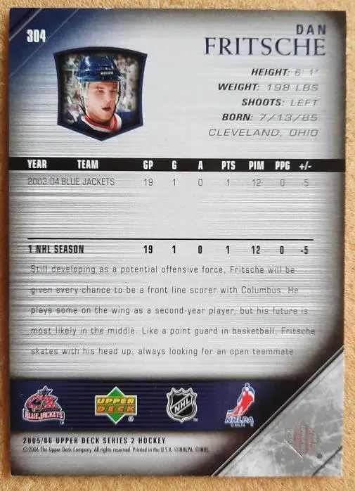 НХЛ Дэн Фриче Коламбус Блю Джекетс № 304 1