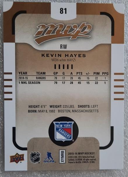 НХЛ Кевин Хейз Нью-Йорк Рейнджерс № 81 1