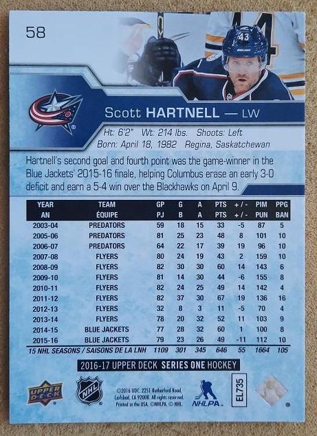 НХЛ Скотт Хартнелл Коламбус Блю Джекетс № 58 1