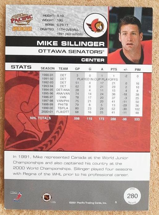 НХЛ Майк Силлинджер Оттава Сенаторз № 280 1