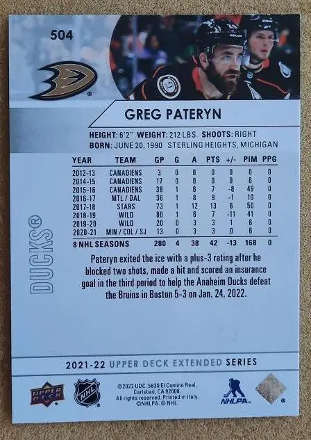 НХЛ Грег Патерин Анахайм Дакс № 504 1