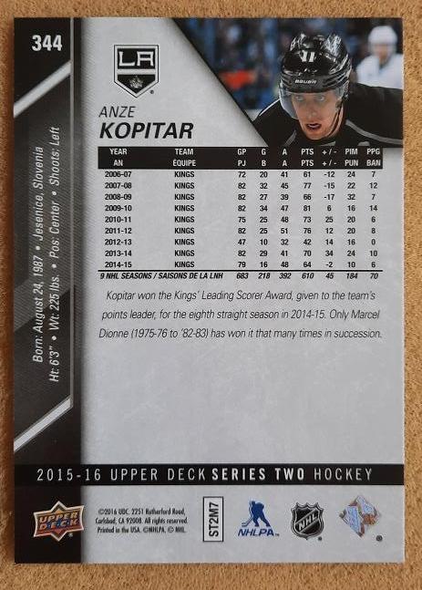НХЛ Анже Копитар Лос-Анжелес Кингз № 344 1
