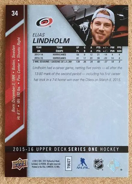 НХЛ Элиас Линдхольм Каролина Харрикейнз № 34 1