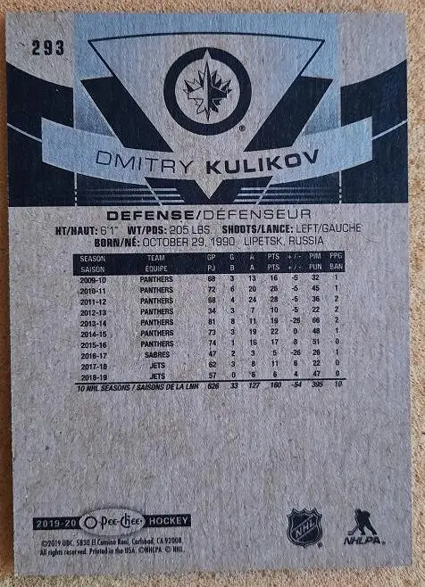 НХЛ Дмитрий Куликов Виннипег Джетс Локомотив Ярославль № 293 1