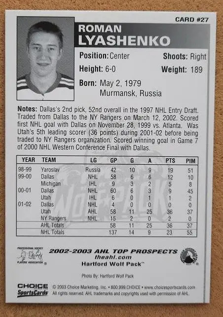 НХЛ Роман Ляшенко Хартфорд Вулф Пэк Ярославль № 27 1