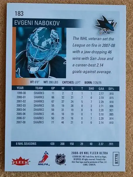 НХЛ Евгений Набоков Сан-Хосе Шаркс Динамо Москва Магнитогорск Санкт-Петер № 183 1