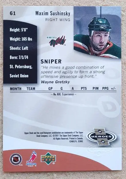 НХЛ Максим Сушинский Миннесота Уайлд СКА СПб Омск Москва Уфа Магнитогорск № 61 1
