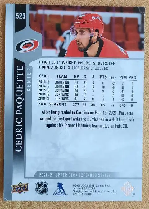 НХЛ Седрик Пакетт Каролина Харрикейнз Динамо Минск № 523 1