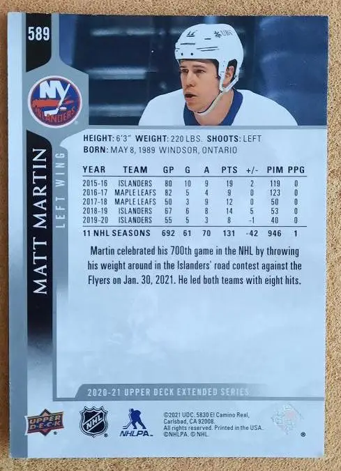 НХЛ Мэтт Мартин Нью-Йорк Айлендерс № 589 1