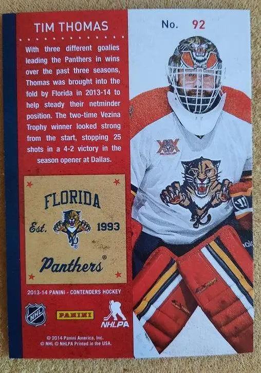 НХЛ Тим Томас Флорида Пантерз № 92 1