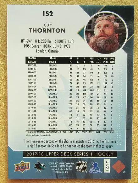 НХЛ Джо Торнтон Сан-Хосе Шаркс № 152 1