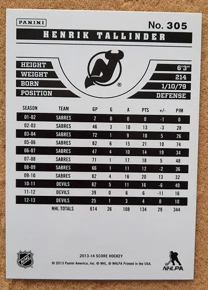 НХЛ Хенрик Таллиндер Нью-Джерси Дэвилз № 305 1