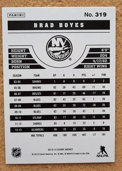 НХЛ Брэд Бойс Нью-Йорк Айлендерс № 319 1