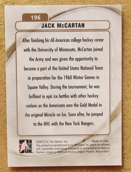 НХЛ Джек Маккартан Нью-Йорк Рейнджерс Миннесота Лос-Анжелес Сан-Франциско № 196 1