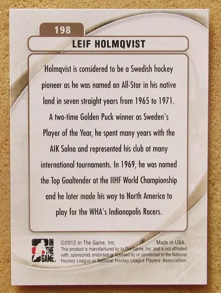 НХЛ Лейф Холмквист Индианаполис Рейсерз Швеция № 196 1
