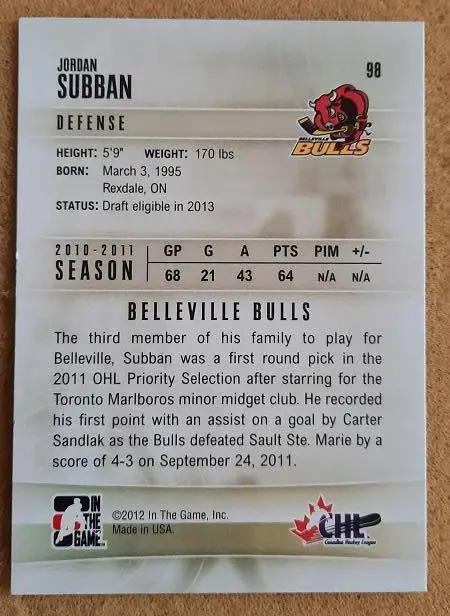 НХЛ Джордан Суббан Белливелль Булз № 98 1
