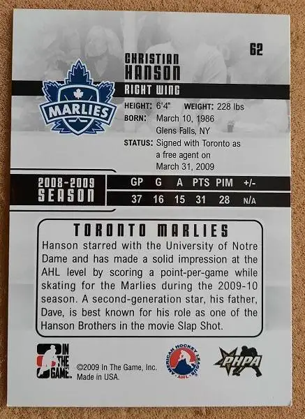 НХЛ Кристиан Хэнсон Торонто Марлис № 62 1