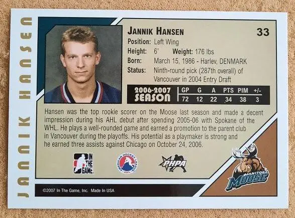 НХЛ Янник Хансен Манитоба Мус № 33 1