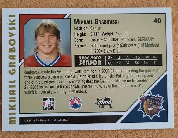 НХЛ Михаил Грабовский Гамильтон Булдогс Минск Динамо Москва № 40 1