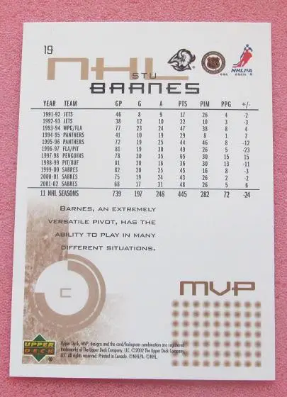 НХЛ Стю Барнс Баффало Сейбрз № 19 1