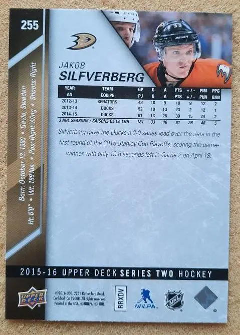 НХЛ Якоб Сильверберг Анахайм Дакс № 255 1