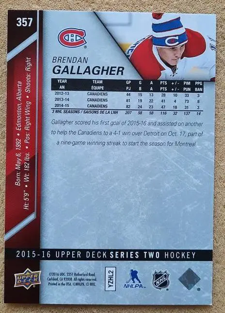 НХЛ Брендан Галлахер Монреаль Канадиенс № 357 1