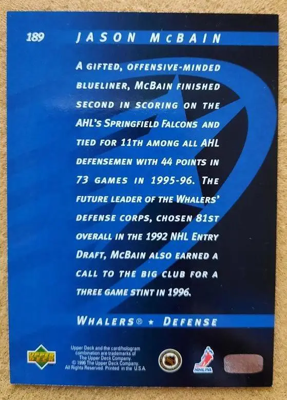 НХЛ Джейсон МакБейн Хартфорд Уэйлерс № 189 1