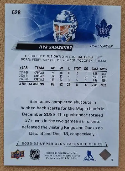 НХЛ Илья Самсонов Торонто Мэйпл Лифс Магнитогорск № 628 1