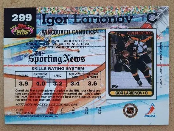 НХЛ Игорь Ларионов Ванкувер Кэнакс Воскресенск ЦСКА Москва № 299 1