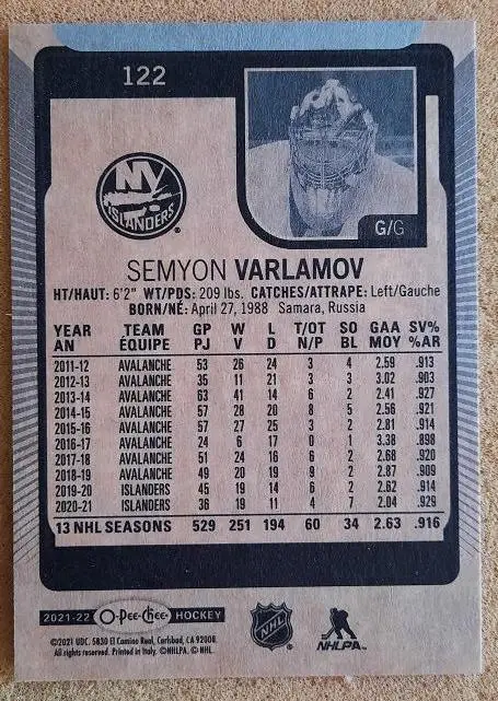 НХЛ Семен Варламов Нью-Йорк Айлендерс Локомотив Ярославль № 122 1