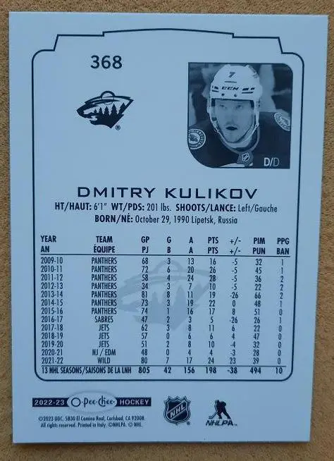 НХЛ Дмитрий Куликов Миннесота Уайлд Локомотив Ярославль № 368 1