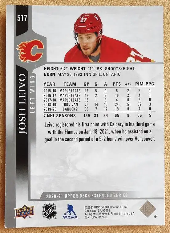 НХЛ Джош Ливо Калгари Флэймз Салават Юлаев Уфа № 517 1