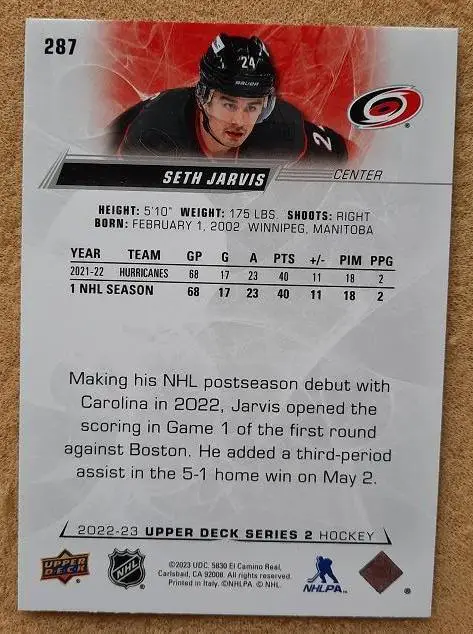 НХЛ Сет Джарвис Каролина Харрикейнз № 287 1