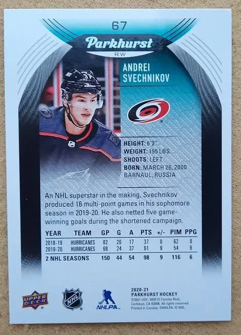 НХЛ Андрей Свешников Каролина Харрикейнз № 67 1