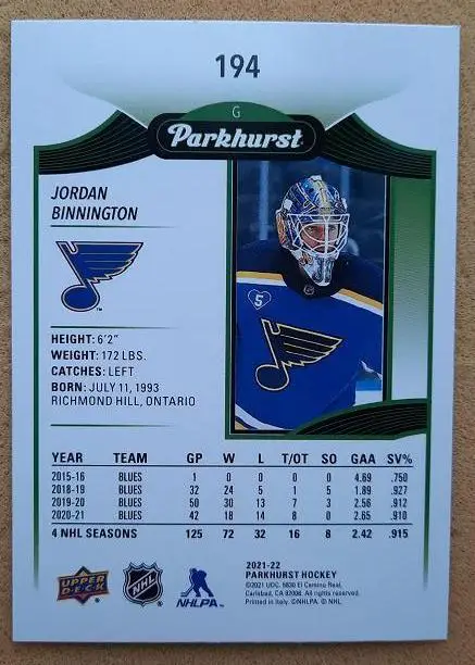 НХЛ Джордан Биннингтон Сент-Луис Блюз № 194 1