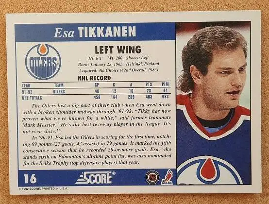 НХЛ Эса Тикканен Эдмонтон Ойлерз № 16 1