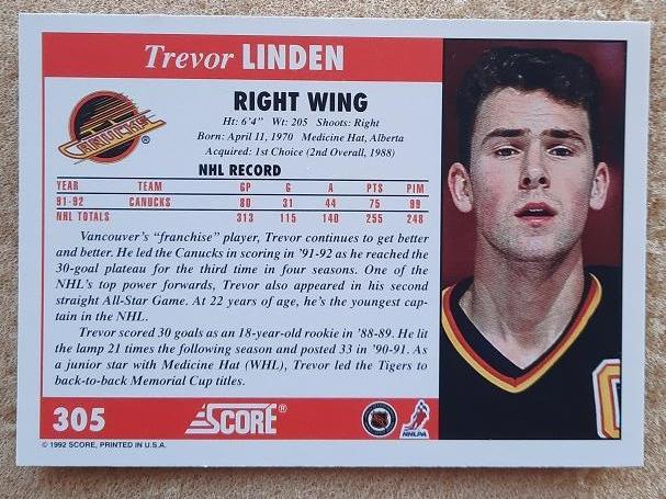 НХЛ Тревор Линден Ванкувер Кэнакс № 305 1