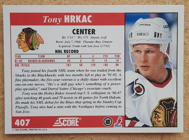 НХЛ Тони Хркач Чикаго Блэкхокс № 407 1
